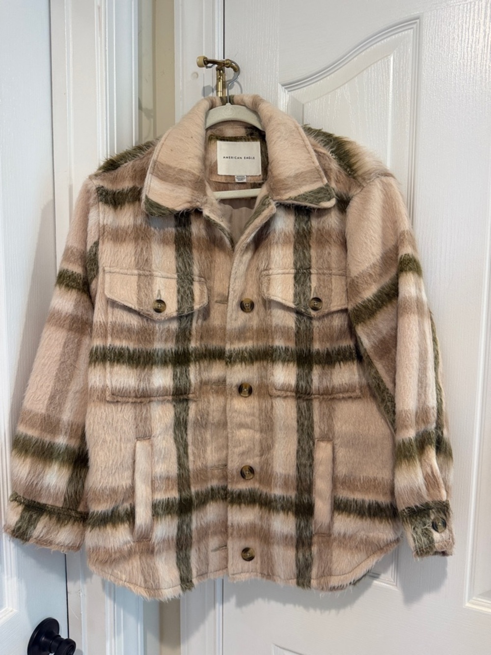 American Eagle Outfitters Beige Pink Plaid Puffer Shacket with Olive Stripes